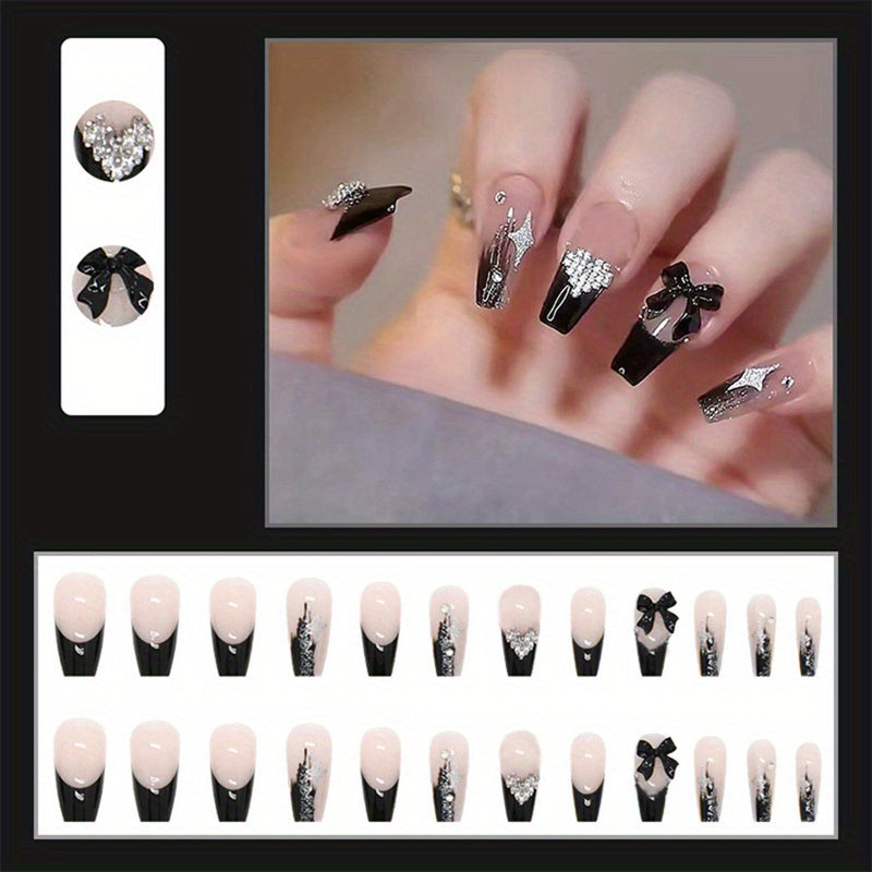 24pcs Heart Design Press On Nails with Rhinestones - Long Coffin Fake Nails for Women, Girls, and Men - Full Glue On Acrylic Artificial Nail