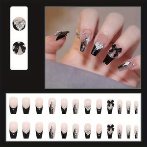 24pcs Heart Design Press On Nails with Rhinestones - Long Coffin Fake Nails for Women, Girls, and Men - Full Glue On Acrylic Artificial Nail