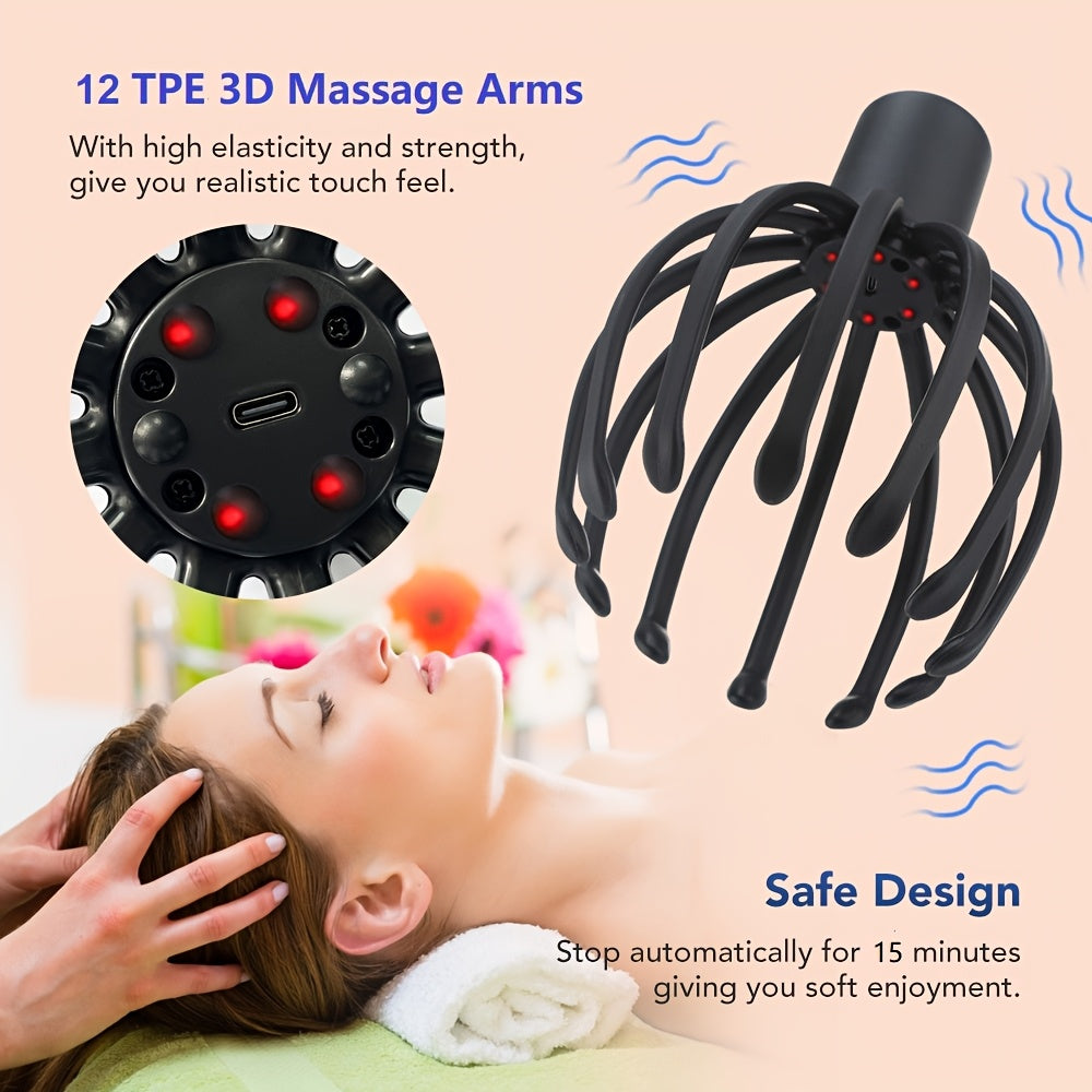 Professional Electric Claw Massager, 3-Level Intensity, USB Rechargeable Lithium Battery, Unscented, for Head Massage - Black
