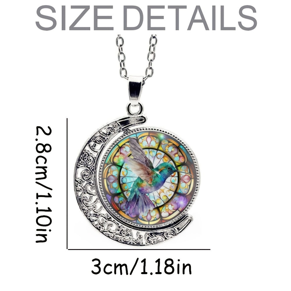 1pc Elegant Trendy Hummingbird Crescent Half Moon 360° Rotation Round Crystal Pendant Necklace Creative Men Women Jewelry Gifts