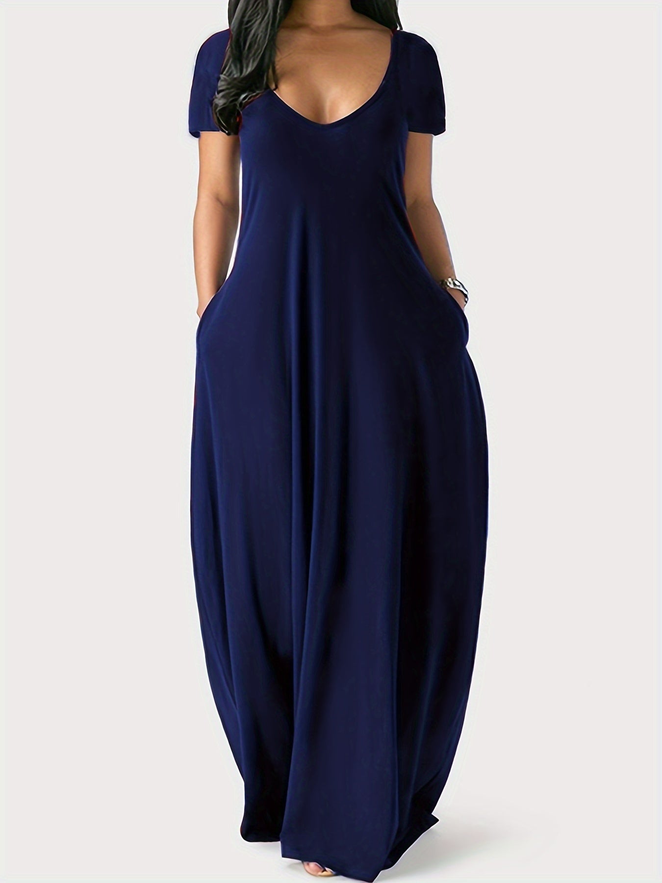 Elegant & Versatile Maxi Dress - Short Sleeve, Pockets, Mid-Elasticity for Women, Ideal for Spring to Fall