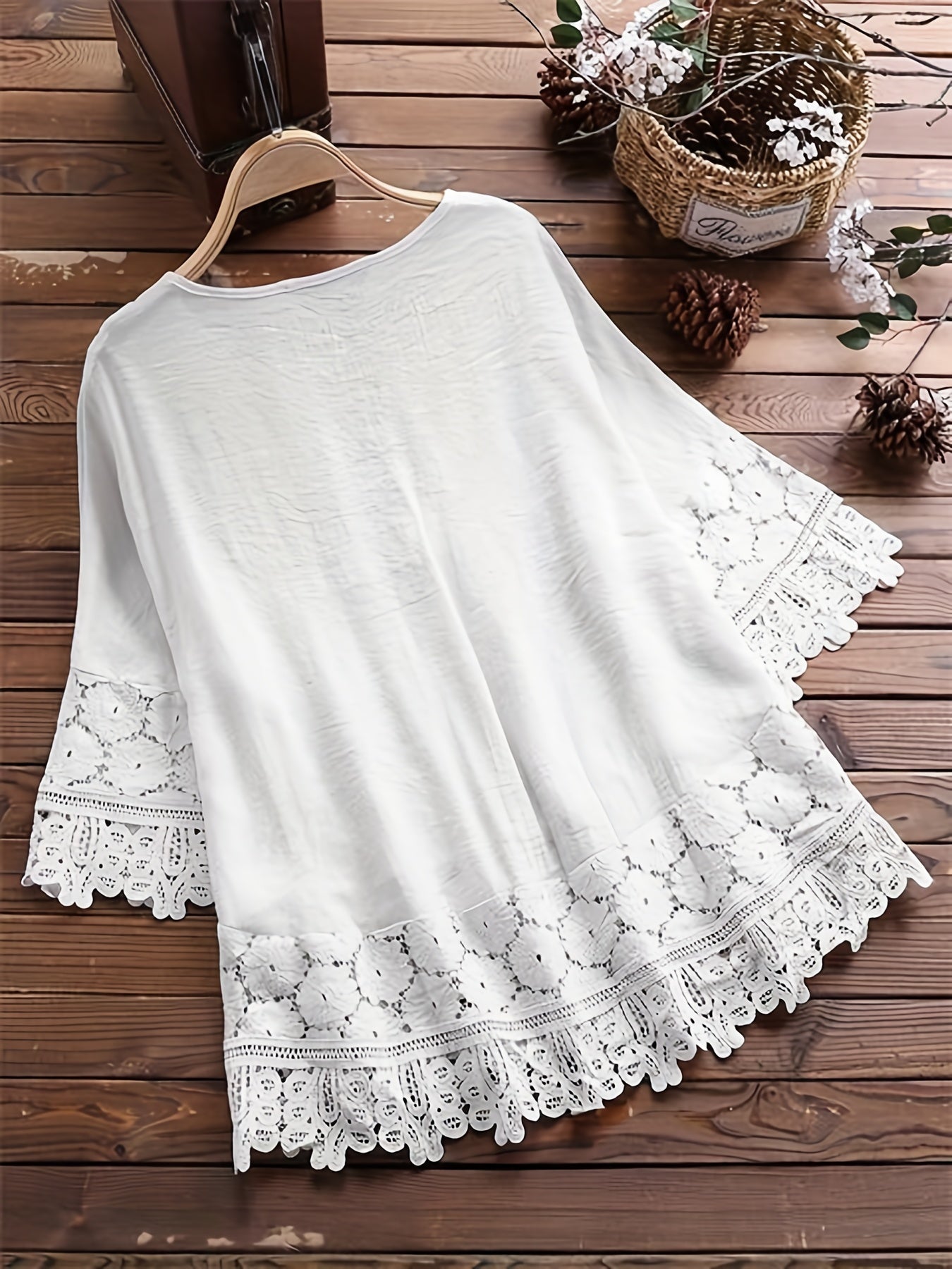 Elegant Plus Size V-Neck Blouse with Lace Accents - Casual, Breathable, Season-Ready