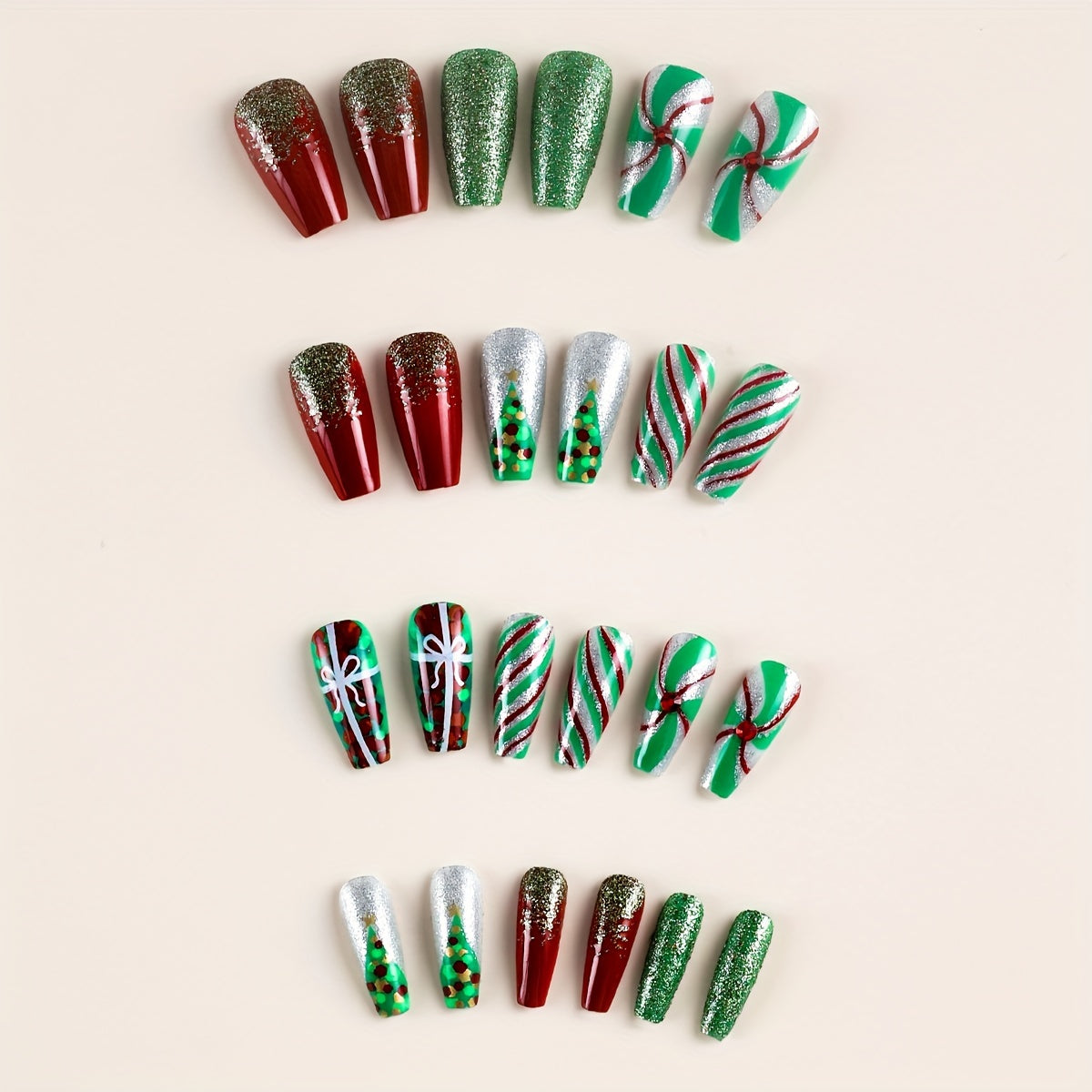 24pcs Glossy Medium Ballerina Fake Nails, Red Green Press On Nails With Glitter Stripe Christmas Tree Design, Shiny Sequin False Nails For W