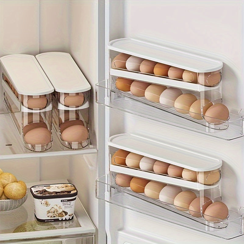 Double-Layer Rolling Egg Storage Box | Space-Saving Refrigerator Organizer for Fridge Side Door | Durable Polypropylene | Transparent, Stack