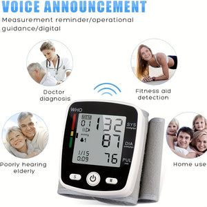 Rechargeable Digital Wrist Blood Pressure Monitor - 2X99 Memory Readings, Large LCD Display, Voice Broadcast, Portable & Lightweight Design, 300Mah Battery (Lasts 15-20 Days), USB Charging, WHO Health Indicator, Ideal for Home Use & Health Tracking