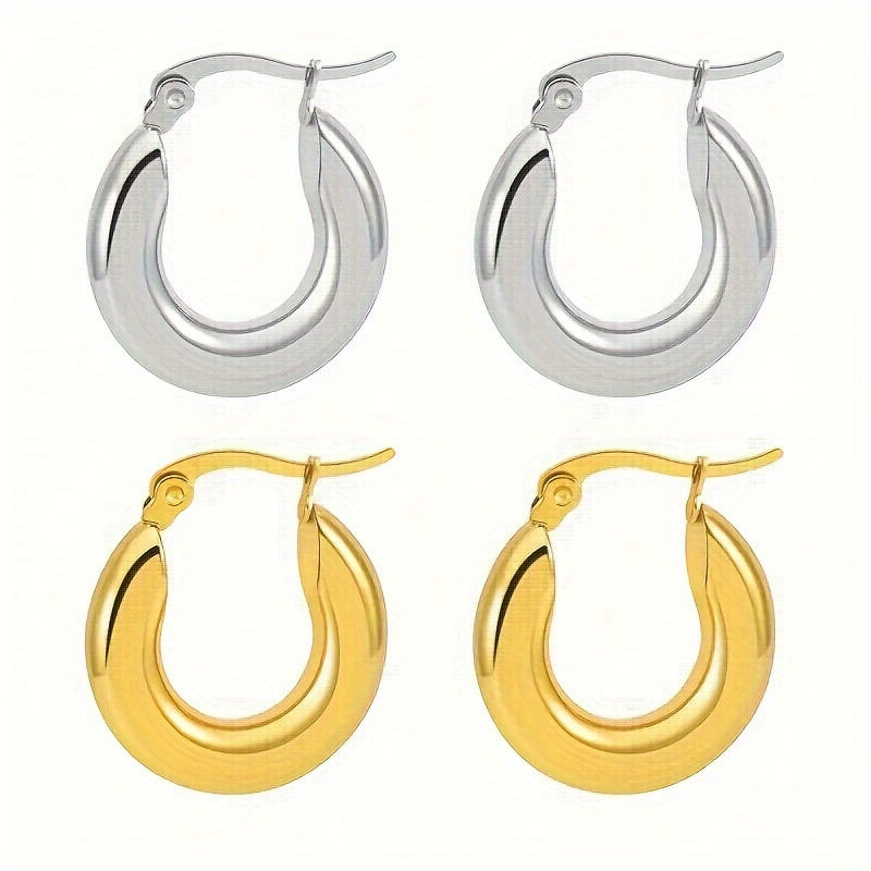 Fashionable Stainless Steel Round Thick Loop Earrings, Plated With 18K Golden Glossy Round Earrings, Perfect For Anniversary Birthday Gifts