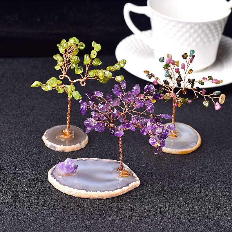 Natural Crystal Tree Amethyst Rose Quartz Aquamarine Lucky Tree Decoration Agate Slices Stone Mineral Ornaments Office decor