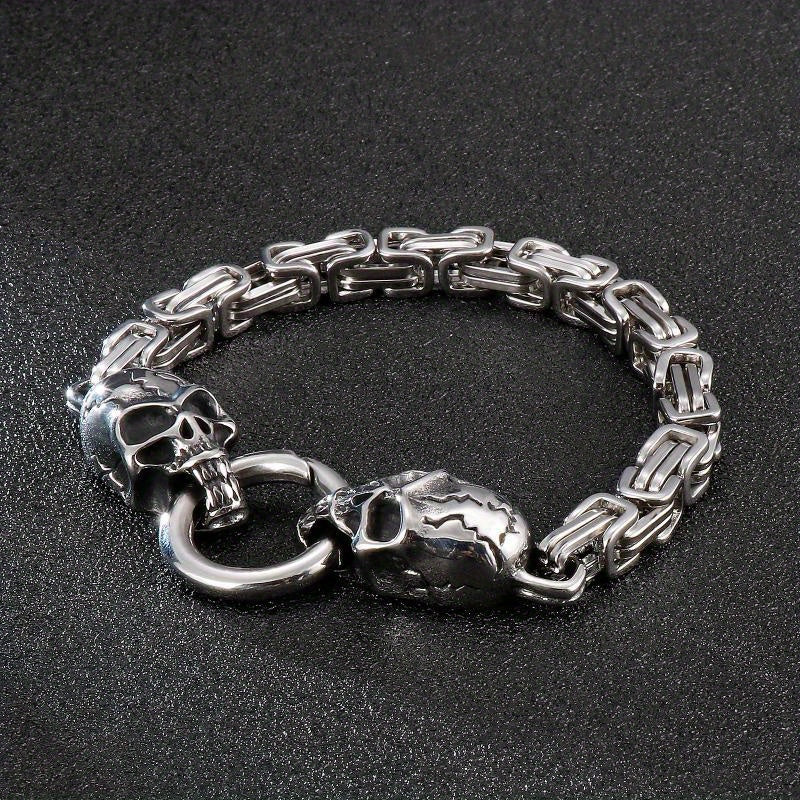 Stainless Steel Double Skull Bracelet, Fashion Personality Rock Trend Halloween Ornaments