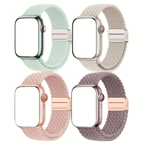 4 Pack Braided Metal Magnetic Buckle Band Compatible with Apple Watch WomenMen 49mm 46mm(2024 $eries 10) 45mm 44mm 42mm, Stretchy Nylon Sport LoopStrap for lWatch Ultra 2/1 Series 10 9 8 SE7 6 5 4 3 2 1
