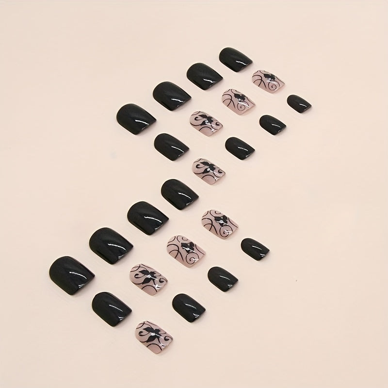 24pcs Glossy Short Square  Fake Nails, Black White Press On Nails With Butterfly Leaves Design, Sweet Cool Full Cover False Nails For Women