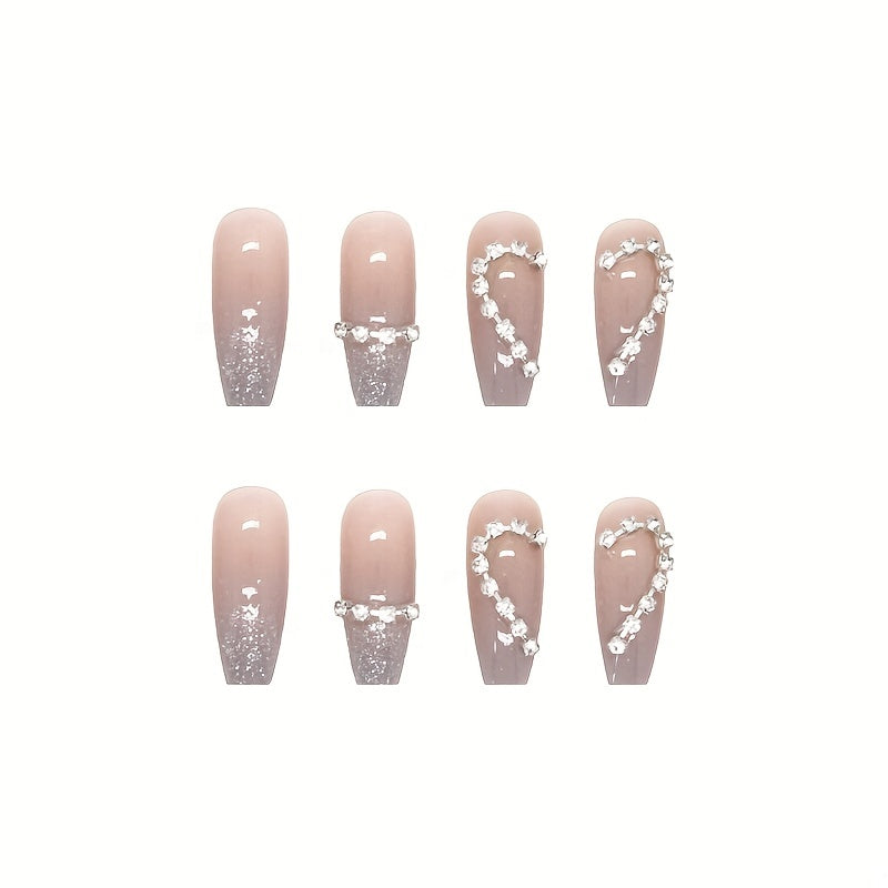 24pcs Heart Design Press On Nails with Rhinestones - Long Coffin Fake Nails for Women, Girls, and Men - Full Glue On Acrylic Artificial Nail