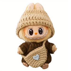 [3pcs Labubu Fashion Set] 3pcs Handcrafted Crochet Labubu Fashion Set | Cute Clothes, Bag, Hat with "Be Happy" Tag | Durable Polyester, Perfect for Birthdays, Anniversaries & Holidays, Festive Gift Item, Playful Design, Labubu Accessories