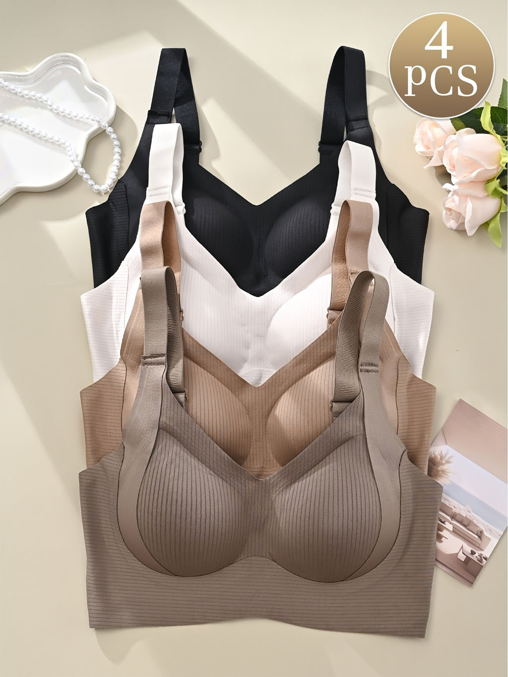 4pcs Seamless Bralettes for Women - Elegant Nylon & Elastane Blend, Comfortable Wide Straps, Soft Support, No Underwire - Available in Beige, White, Black, Casual Lingerie|Wide Strap Bra|Wirefree Comfort