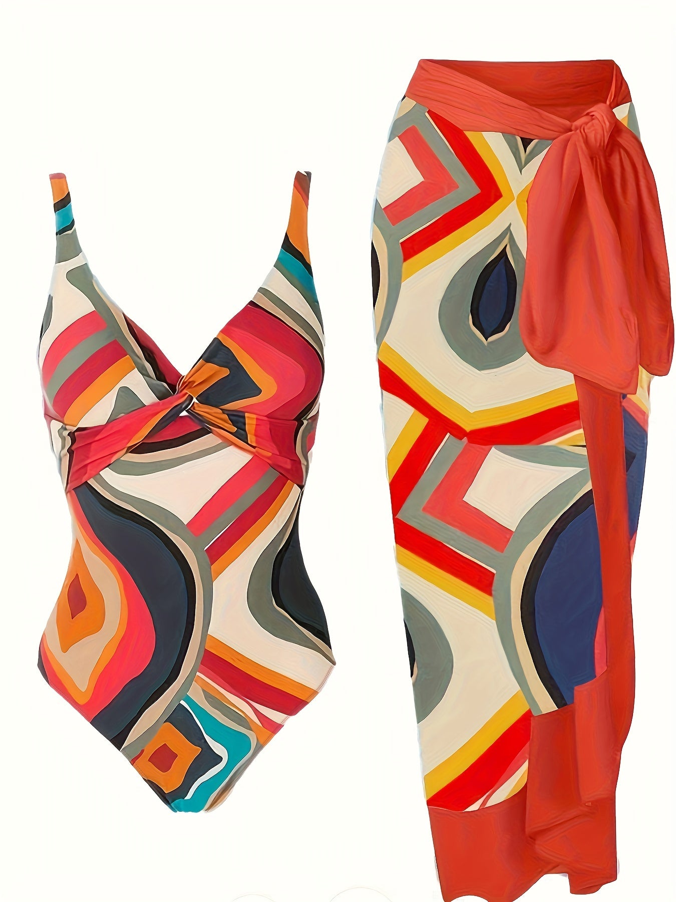 Plus Size Elegant Tankini Set, Women's Plus Geo Print Twist Front One Piece Swimsuit & Knot Side Cover Up Skirt Bathing Suit 2 Piece Set