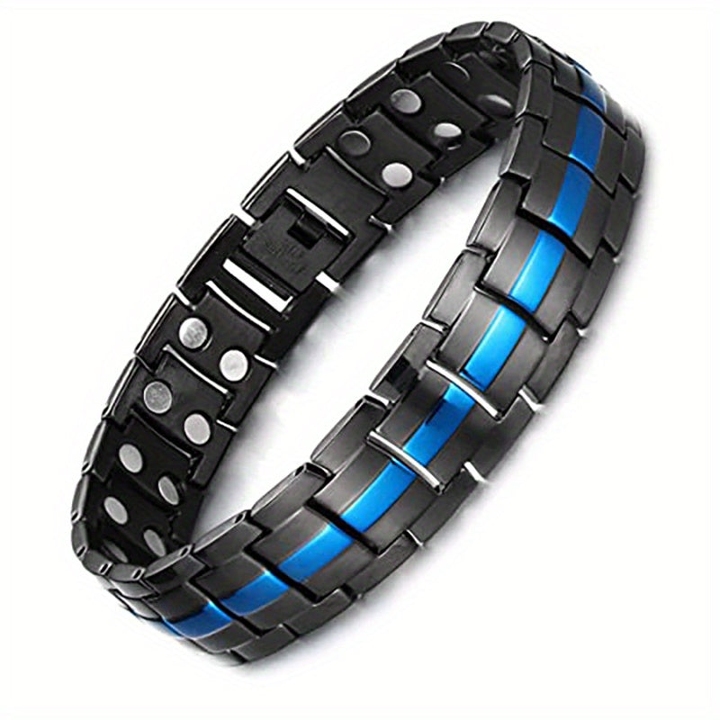 1pc Magnetic Bracelet For Men, Titanium Steel Magnetic Bracelet, For Men With Double Row Magnets, Adjustable Black & Blue Line Design, Yoga