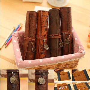 Vintage Retro Treasure Map Luxury Roll Leather Make Up PU Cosmetic Pen Pencil Case Pouch Purse Bag For School HOT