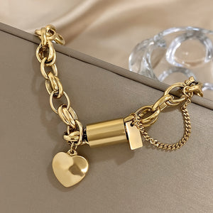 Punk Chunky Gold Color Thick Chain Stainless Steel Bracelets Fashion Design Heart Love Pendant Wrist JewelryNew Year's Gifts Valentine's Day