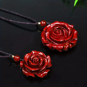 Natural Cinnabar Double Sided Carved Rose Necklace Pendant Good Luck Necklace