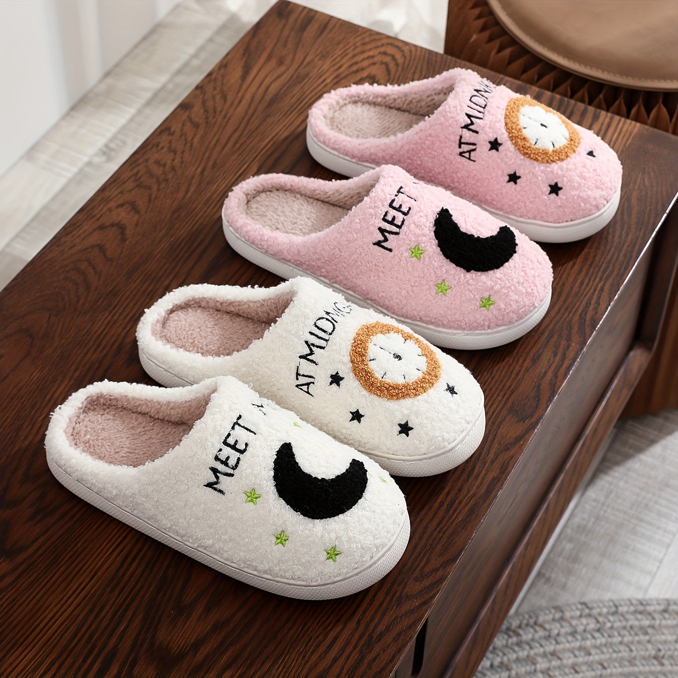 Adorable Moon Clock MEETMEATMIDNIGHT Plush Slippers