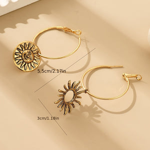 Creative Asymmetric Hoop Earrings With Sun Pendant Design Alloy Jewelry Vintage Punk Style Personality Ear Accessories