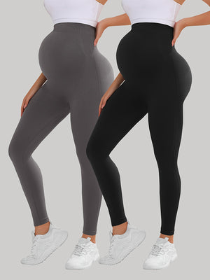 [Tummy Control Leggings] 2pcs High Waist Tummy Control Maternity Leggings - Breathable Softness Butt Lifting Thigh Slimmer
