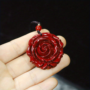 Natural Cinnabar Double Sided Carved Rose Necklace Pendant Good Luck Necklace