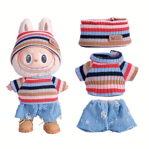 17cm Doll Clothes For Labubu With 3 Outfits - Stylish Fisherman Hat & Sweaters & Pants Or Skirt Set For 17cm Dolls, Adorable Labubu Accessories For Play & Display (Not Included Shoes & Doll)
