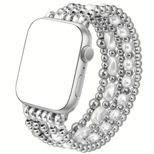 Beaded Bracelet Compatible with Apple Watch Band 4lmm 40mm 38mm Women,Stainless Steel Golden & Silvery Beads, Cute Handmade Elastic Stretch Strap for iWatch Series SE 10 9 8 7 6 5 4 3 2 1