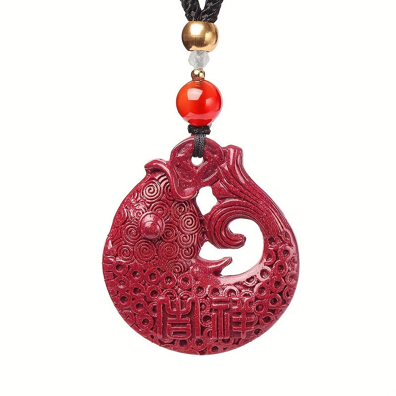 Chinese Red Cinnabar Good Fortune Fish Shape Pendant Necklace