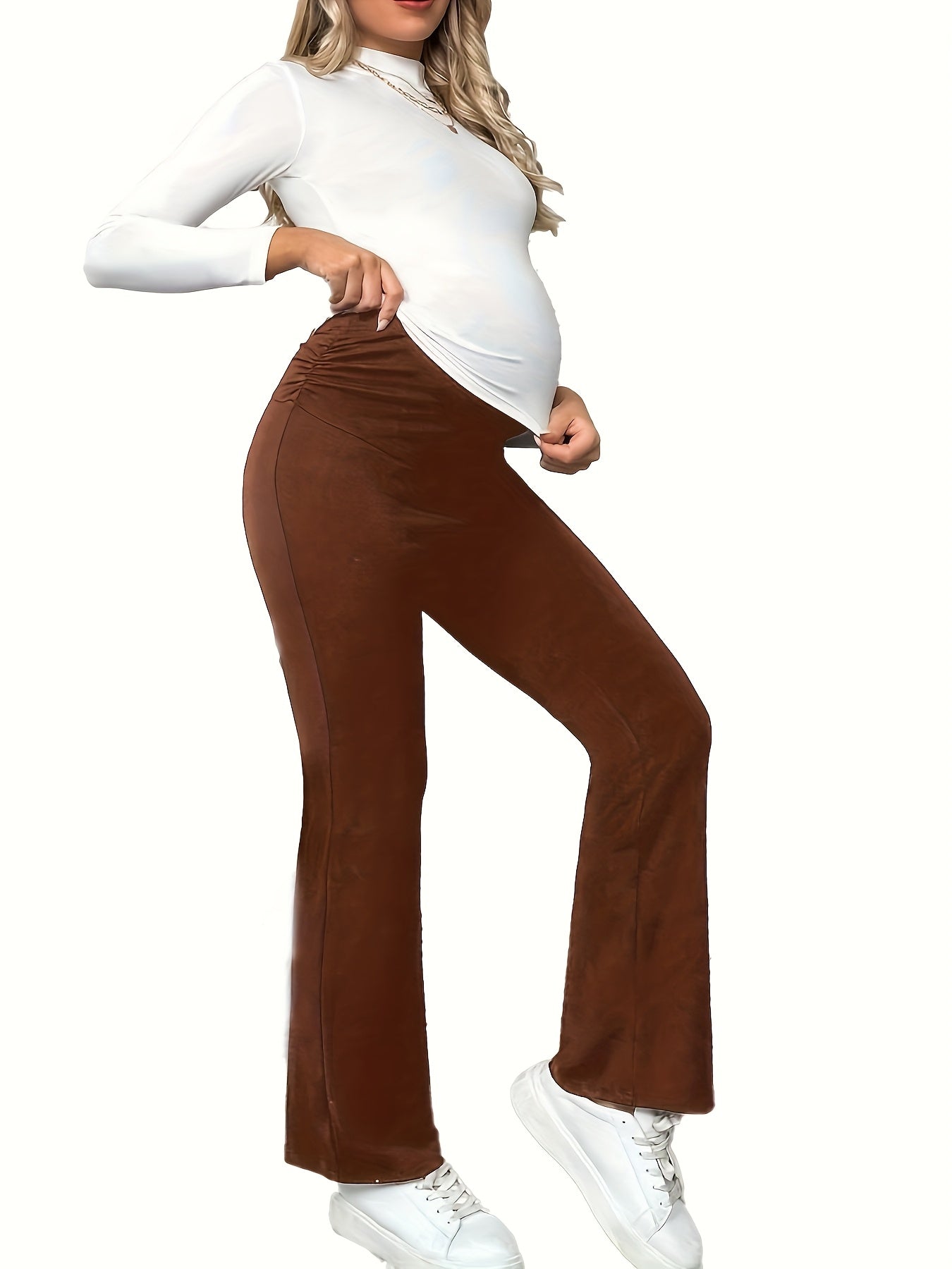 Solid Color Adjustable Waist Flared Pants for Pregnant Women