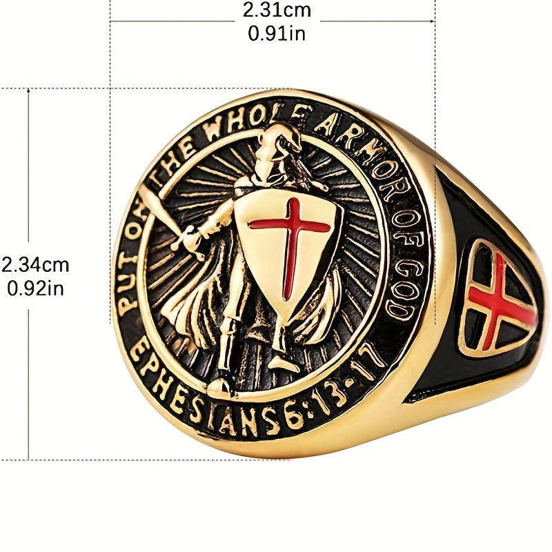 1pc Men's Stainless Steel Ring Retro Hip-hop Domineering Knight Shield Ring Knight Temple Knight Protection Ring