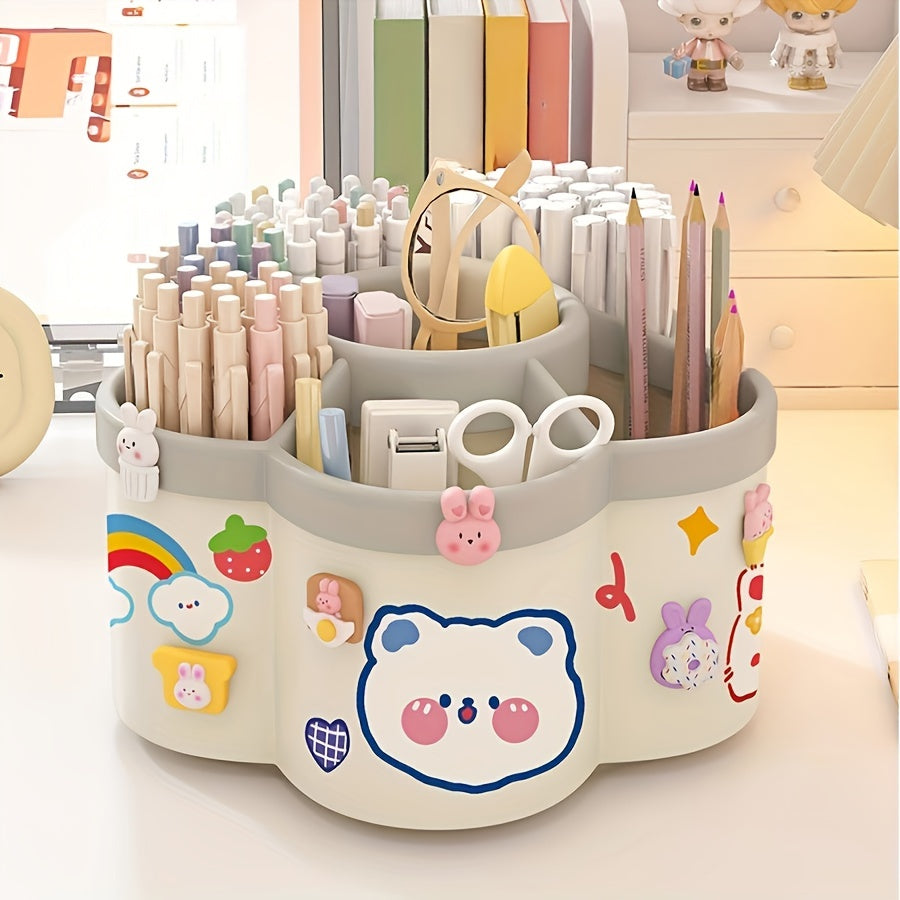 360-Degree Rotating Desk Organizer Set (1-Pack/2-Pack) - Cute Multi-Functional Stationery Holder with Large Capacity - PVC Round Pen & Art S