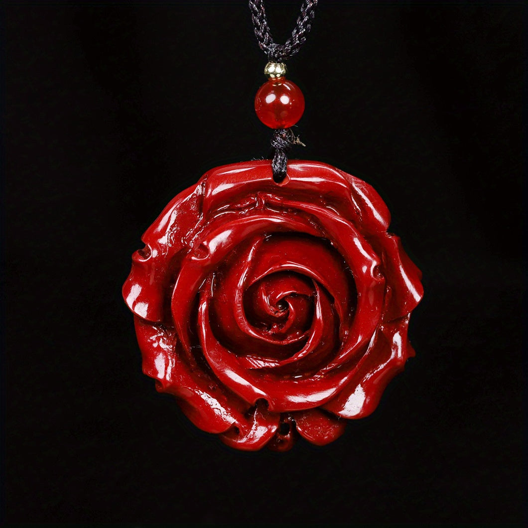 Natural Cinnabar Double Sided Carved Rose Necklace Pendant Good Luck Necklace