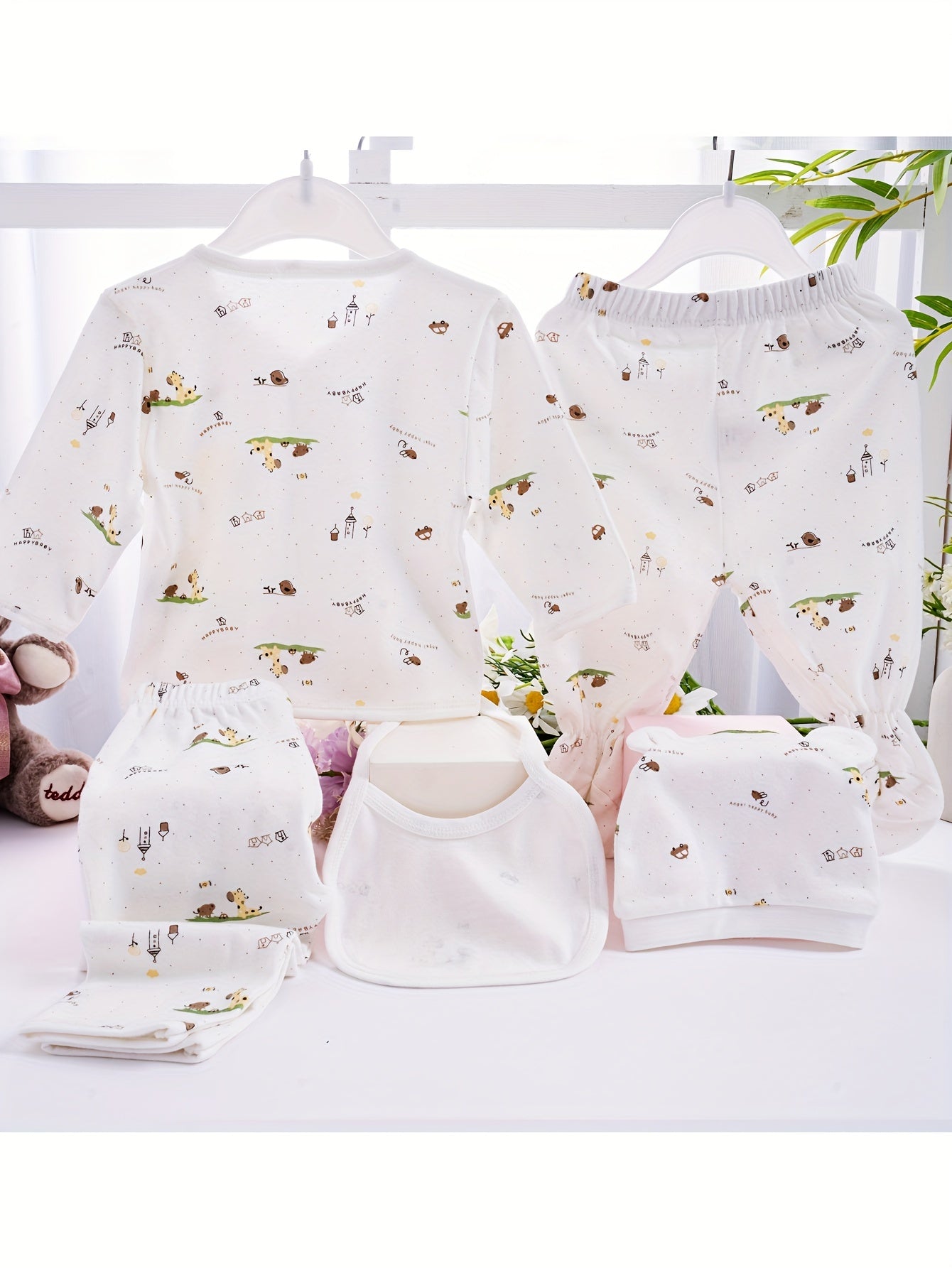 Newborn Baby 5pcs Outfit Pregnancy Gifts - Cardigan Top Trousers Bib Hat Set Cute Cartoon & Cotton Soft Comfy Baby Supplies Outdoor Clothes