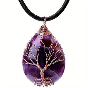 1pc Tree Of Life Teardrop Heart Amethyst Opal Pendant Necklace Copper Wire Wrapped Gemstone Healing Chakra Necklace Choker