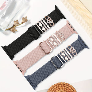 3-Pack Nylon Braided Watch Bands for Apple Watch, Waterproof, Hook & Loop Closure, with 5 Heart Charms, Smartwatch Accessories
