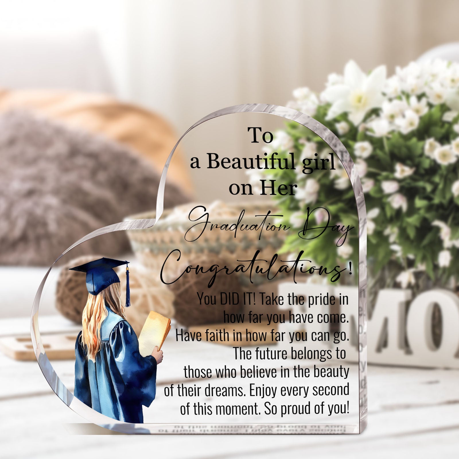 2D Flat 1pc Graduation Gift - Acrylic Heart Gift - Graduation Decor, Good Wishes, Acrylic Plaque Gift for High School, College, Graduation Party Gifts
