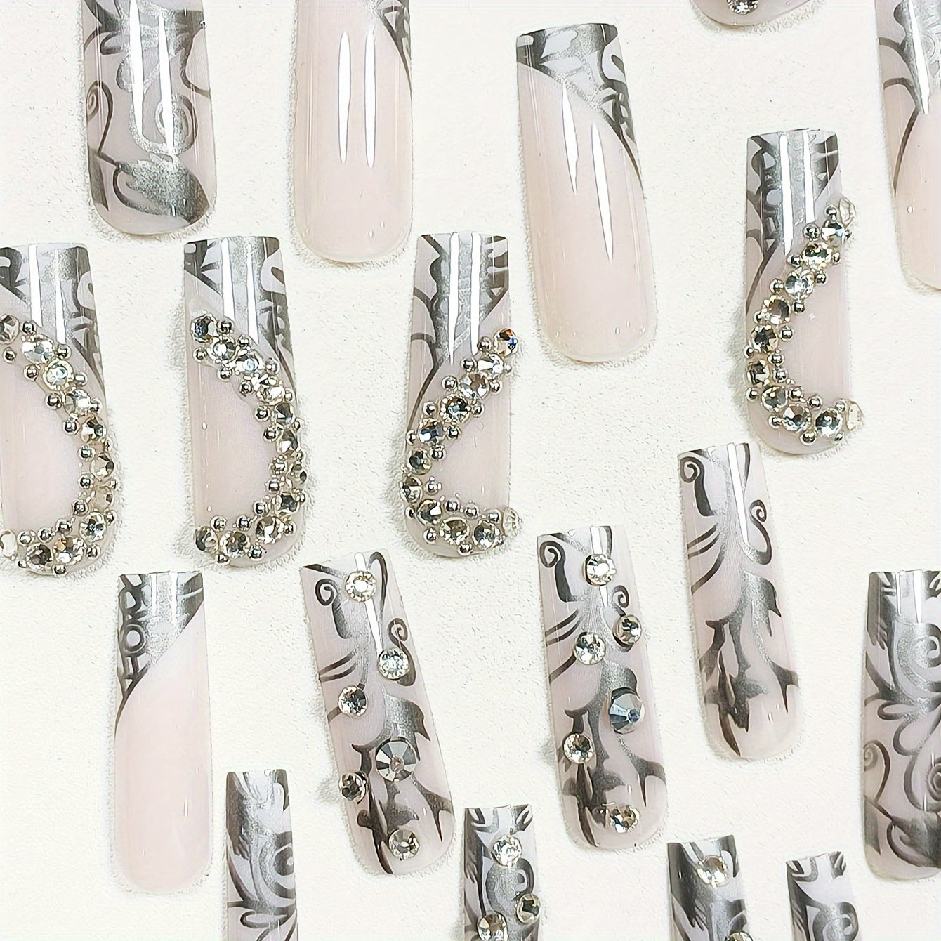 24pcs Glossy Long Square Fake Nails, Nude Press On Nails With Silvery Stripe And 3D Heart Rhinestone Chain Design, Sweet And Romantic False