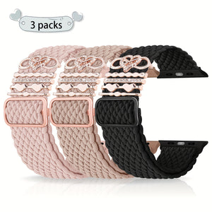 3-Pack Nylon Braided Watch Bands for Apple Watch, Waterproof, Hook & Loop Closure, with 5 Heart Charms, Smartwatch Accessories