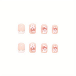 24 pcs Holographic Square Full Cover Press On Nails - White Flower Nude Petite French Tips - DIY Manicure for Women - Glossy Coffin False Na