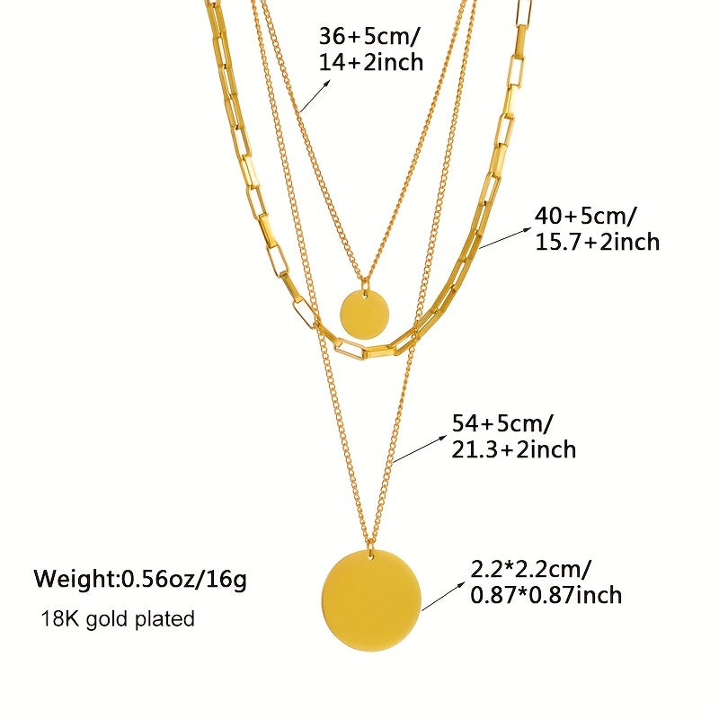 1pc Hip Hop Stainless Steel Multi-layer Solid Color Circular Coin Pendant Golden Necklace For Men Women, Fashion Party Neck Jewelry