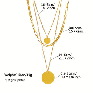 1pc Hip Hop Stainless Steel Multi-layer Solid Color Circular Coin Pendant Golden Necklace For Men Women, Fashion Party Neck Jewelry