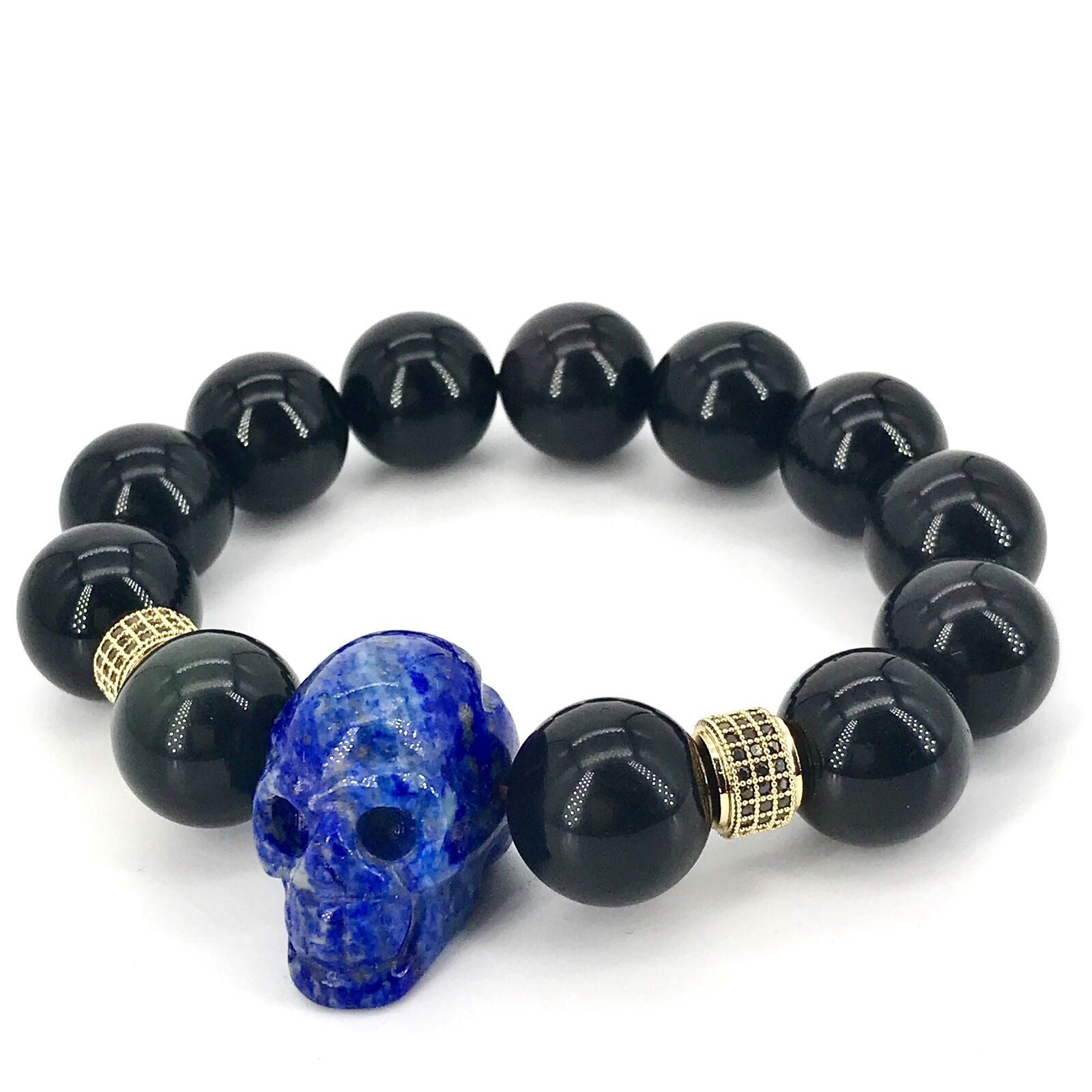 Goth Lapis Skull Chakra Bracelets Men Fashion Crystal Obsidian Punk Cross Breads