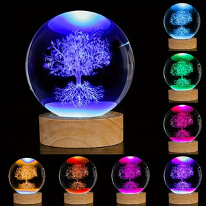 1pc Tree Of Life Crystal Ball Colour Little Night Light, Decorative Birthday And Holiday Gifts, 3D Laser Engraved Glass Plant Life Tree Sphe