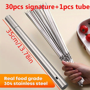 30/50pcs Reusable Barbecue Meat Skewers & 1 Tube Storage For Barbecue, Perfect For Outdoor CampingPicnic BBQ, Stickers For Halloween Christm