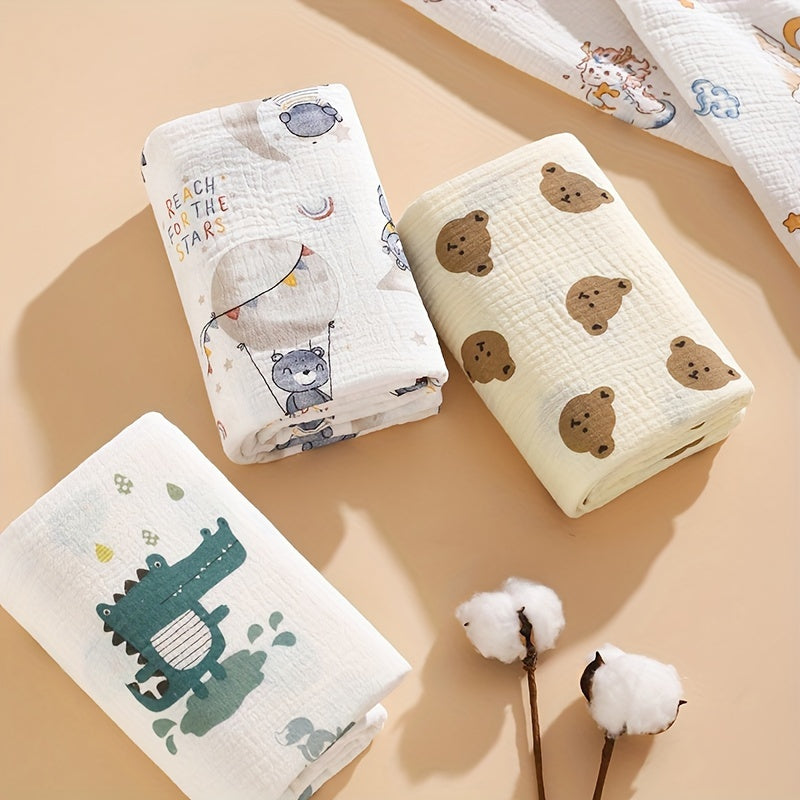 Soft Foldable Swaddle Blanket for Newborns - White with Green Elephant & Umbrella Print, Light Beige-Friendly Cotton, Perfect for Bath Time & Cuddling, Baby Blanket, Newborn Care, Playful Print, Wrinkly Texture
