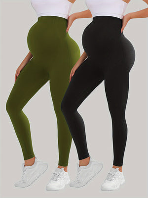 [Tummy Control Leggings] 2pcs High Waist Tummy Control Maternity Leggings - Breathable Softness Butt Lifting Thigh Slimmer