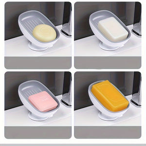 Wall-Mounted Soap Dish with Adjustable Angle - Punch-Free, Suction Cup Installation, Oval Plastic Holder with Drainage for Bathroom