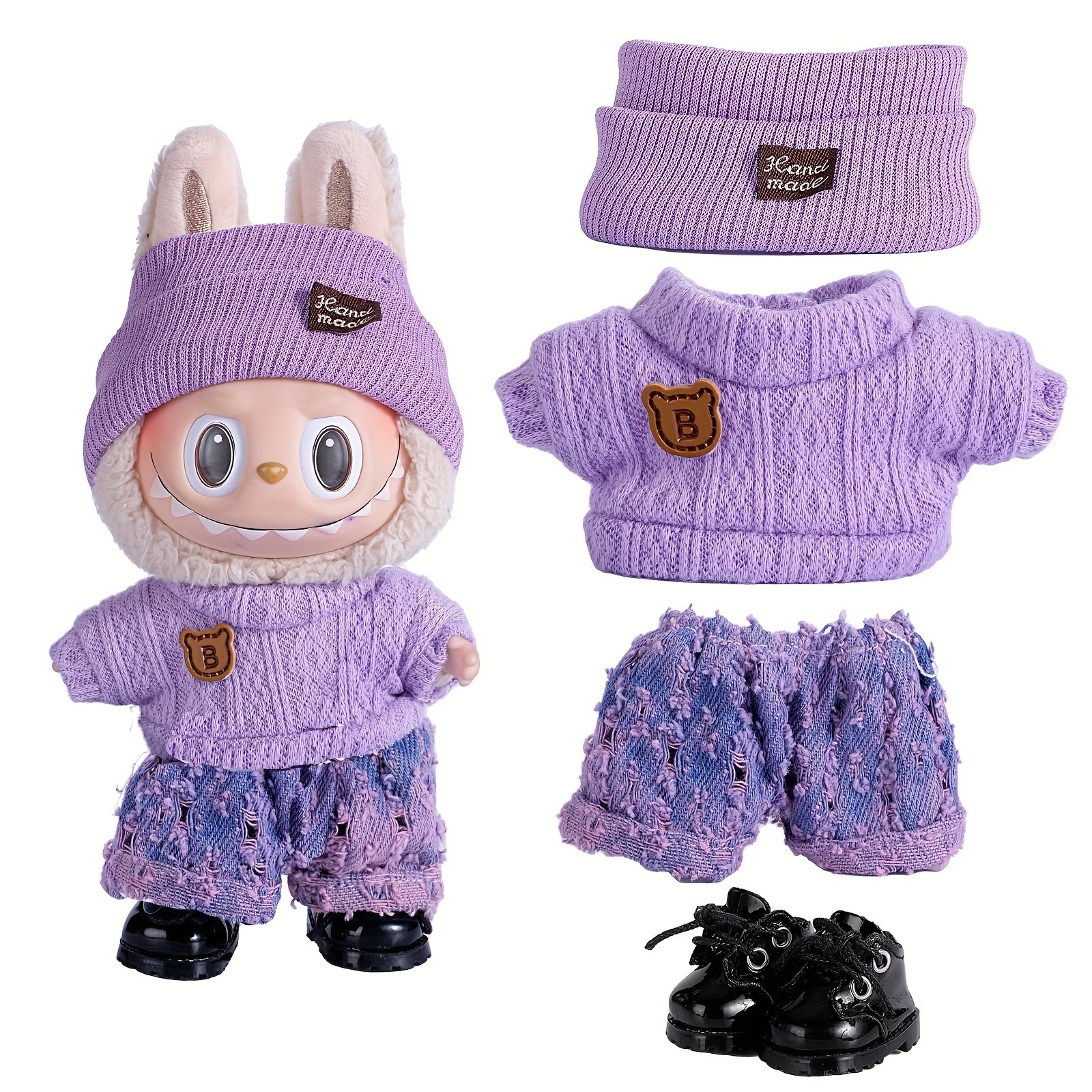 17cm Doll Clothes For Labubu With 3 Outfits - Stylish Fisherman Hat & Sweaters & Pants Or Skirt Set For 17cm Dolls, Adorable Labubu Accessories For Play & Display (Not Included Shoes & Doll)