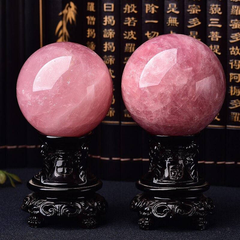 8-9cm Natural Crystal Rose Quartz Ball Energy Stone Pink Ornaments Ball Home Decoration Reiki Healing Stone Free Wooden Frame